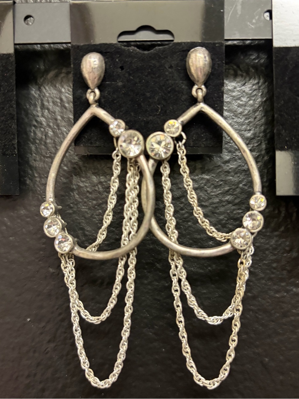 Silver Hoop Chain Drop Earrings with Clear Stones - Women Jewelry
